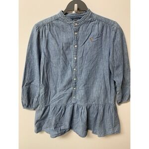 Ralph Lauren Polo Girls Chambray Denim Dress Size 12 Long Sleeve Ruffle Hem